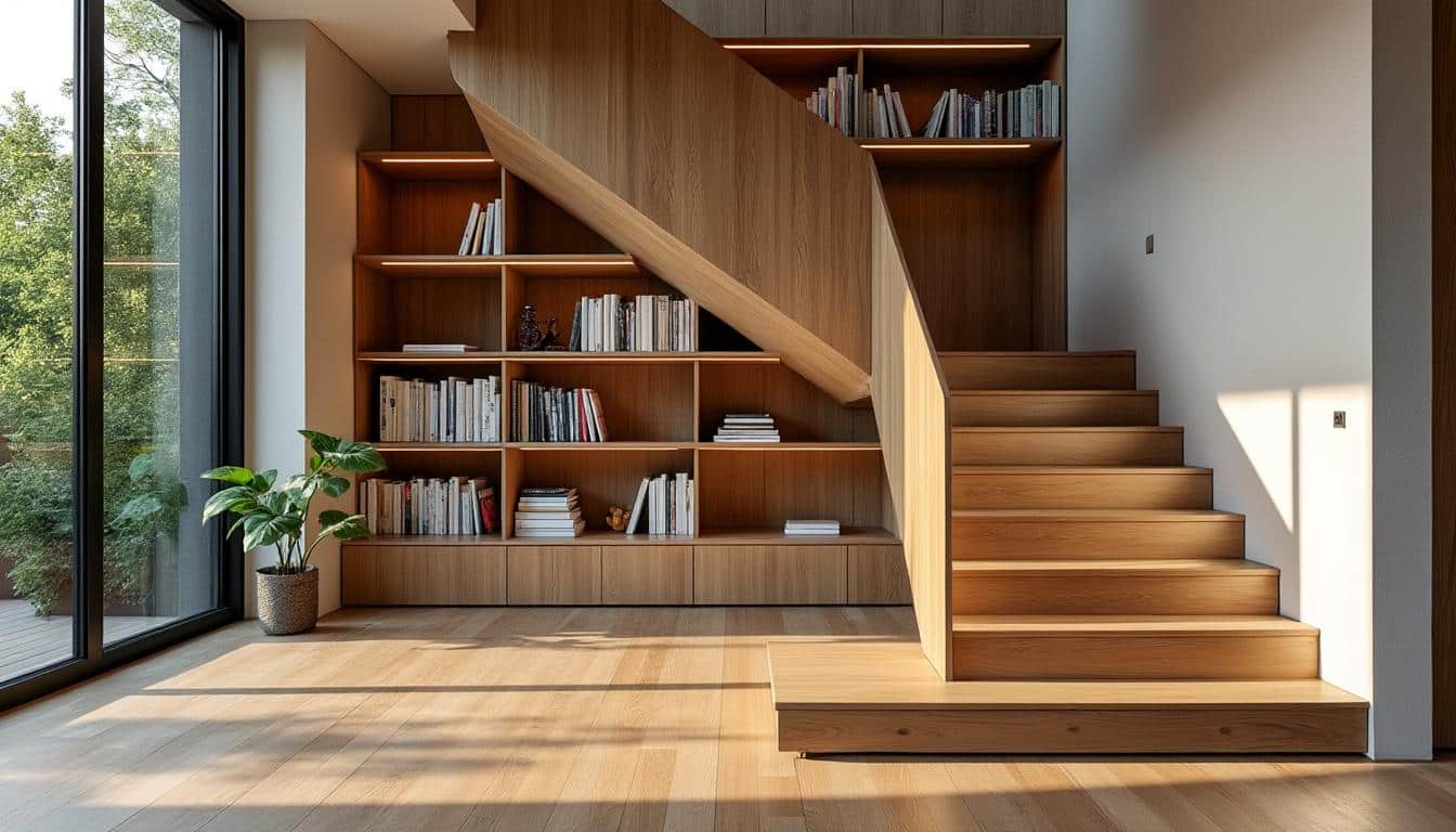 Comment intégrer un escalier en bois avec du rangement moderne