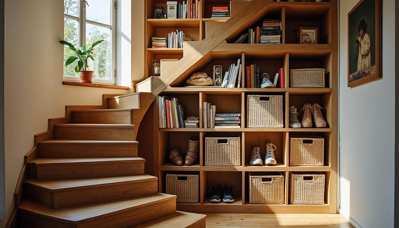 Idées pour optimiser le rangement sous un escalier en pente